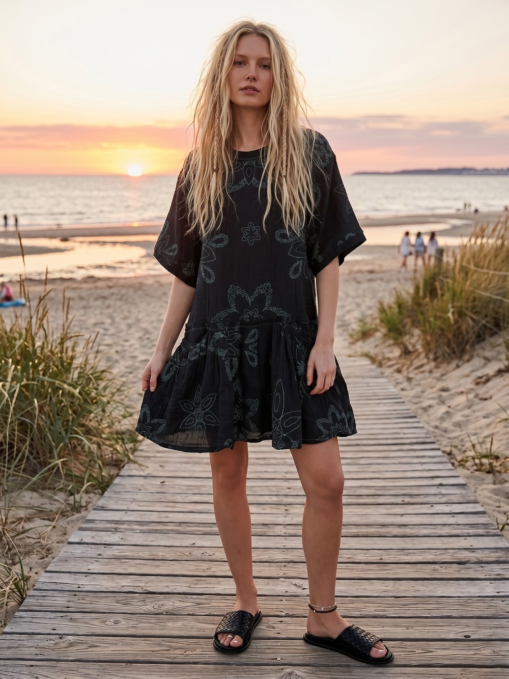 Free People Picking Petals Mini Dress Blue Coastal Medium NEW Embroidered Spring